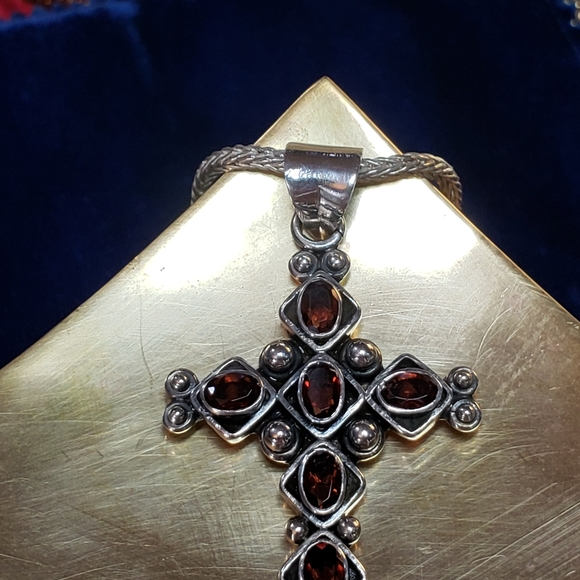 Sterling Silver Ornate Garnet Cross Necklace - Picture 10 of 16